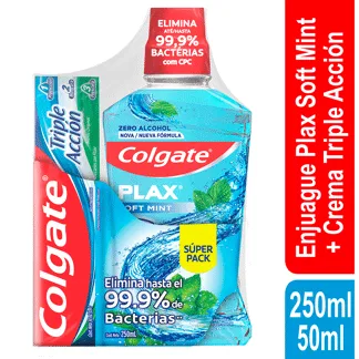 Oferta(Enjuague Bucal Colgate Plax Soft Mint x12Un x250ml + Crema Triple Acción x50ml)